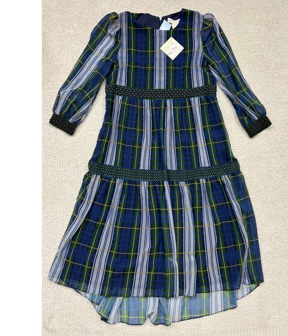 Gretchen Scott Women's Blue Plaid Long Sleeve Dress Size L NWT #71717